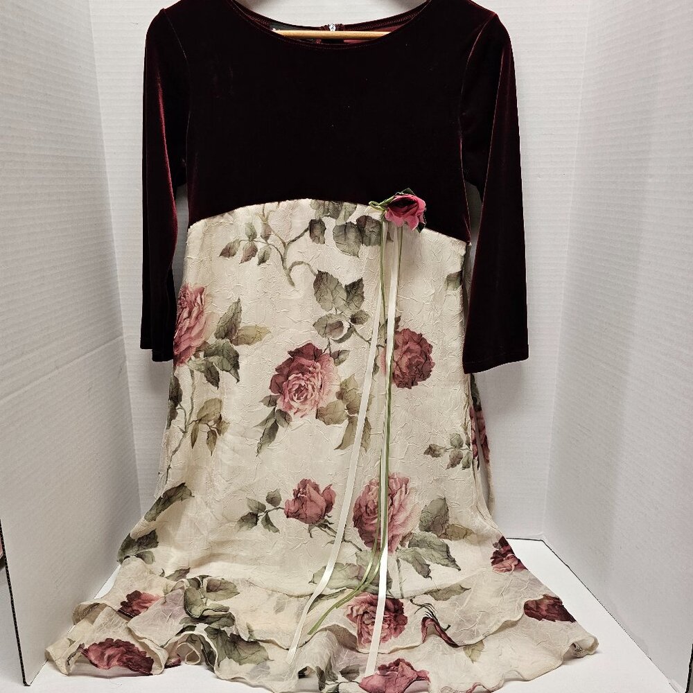 Girls Biscotti Velvet Floral 3D Brooch Flower Roses Long Sleeve Modest Dress 16